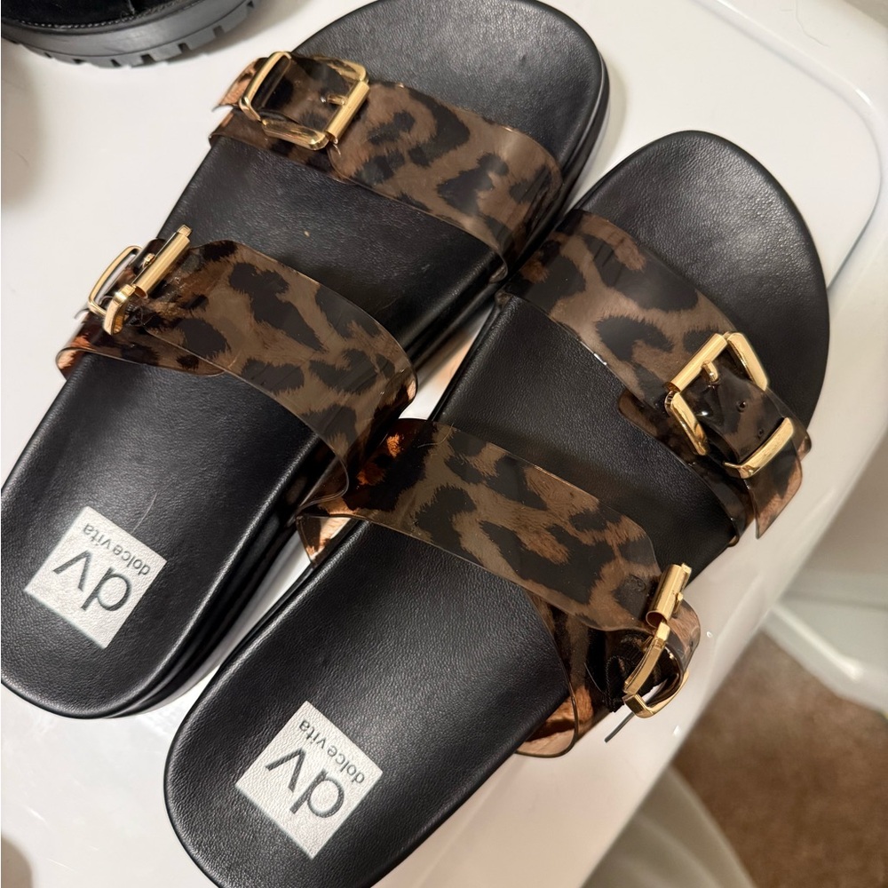 DV by Dolce Vita Leopard Print Double-Buckle Slide Sandals - Black/Brown/Gold